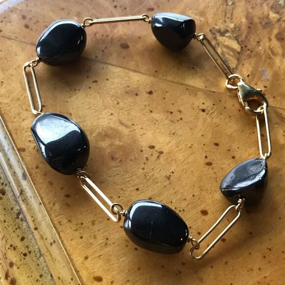 Natural Shungite Sterling Silver Yellow Gold Vermeil Bracelet - Picture 2 of 6